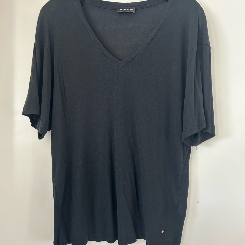 ANINE BING WOMENS BLACK V NECK VALE TEE SHIRT SIZE MEDIUM CASHMERE MODAL BLEND